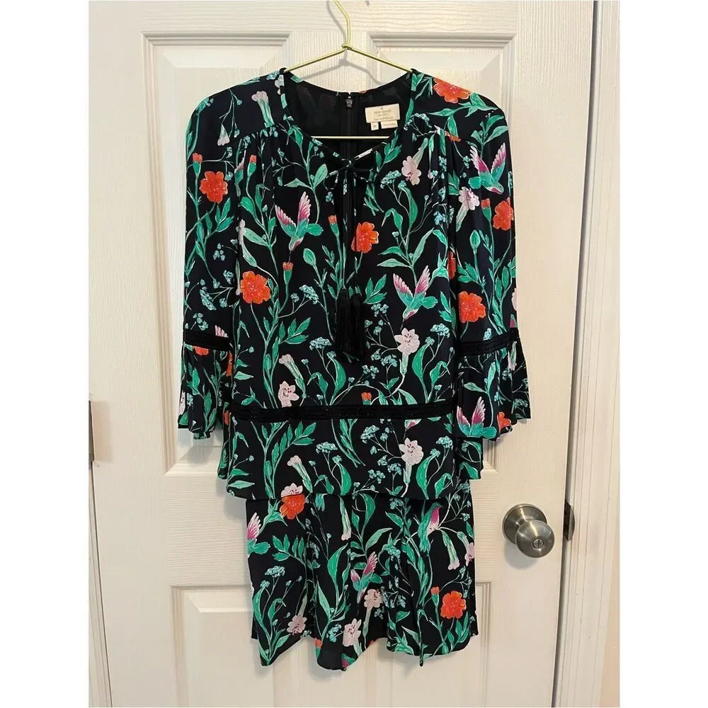 Kate Spade Hummingbird Floral Romper Black Crepe Tassel XS